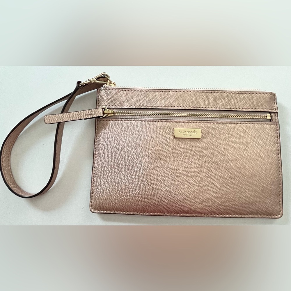 Kate Spade Rose Gold Leather Wristlet Laurel Way Tinie Wallet Textured Metallic